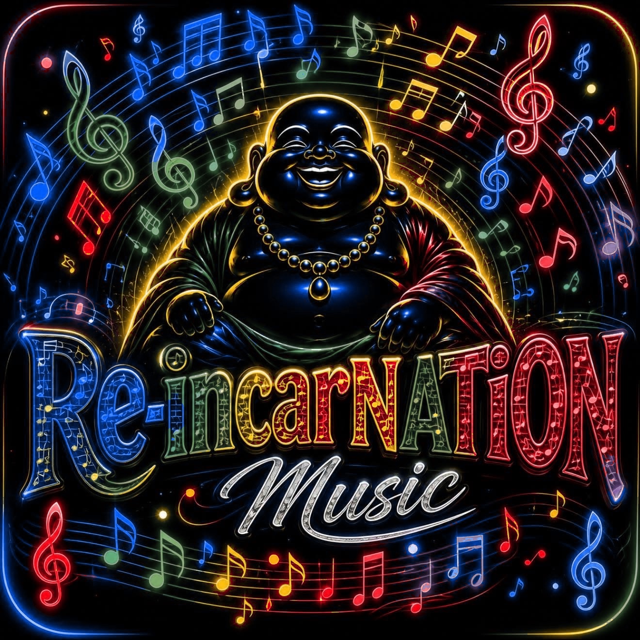 Re-incarNATiON Music Buddha artwork in red and blue
