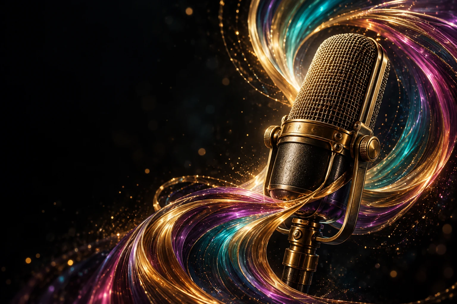 Golden studio microphone wrapped in colorful flowing light
