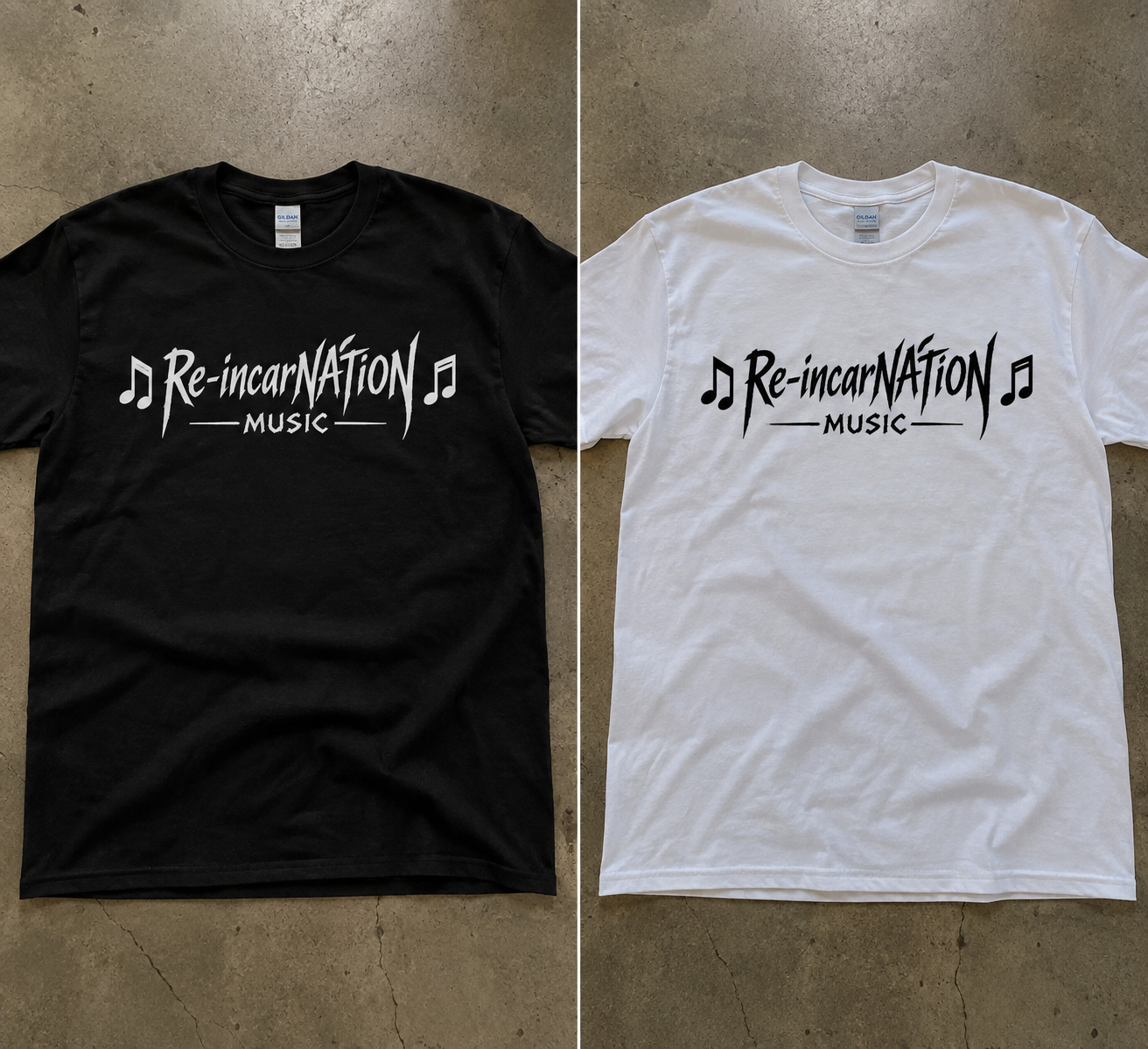 Black Re-incarNATiON Music tee with white lettering and music notes